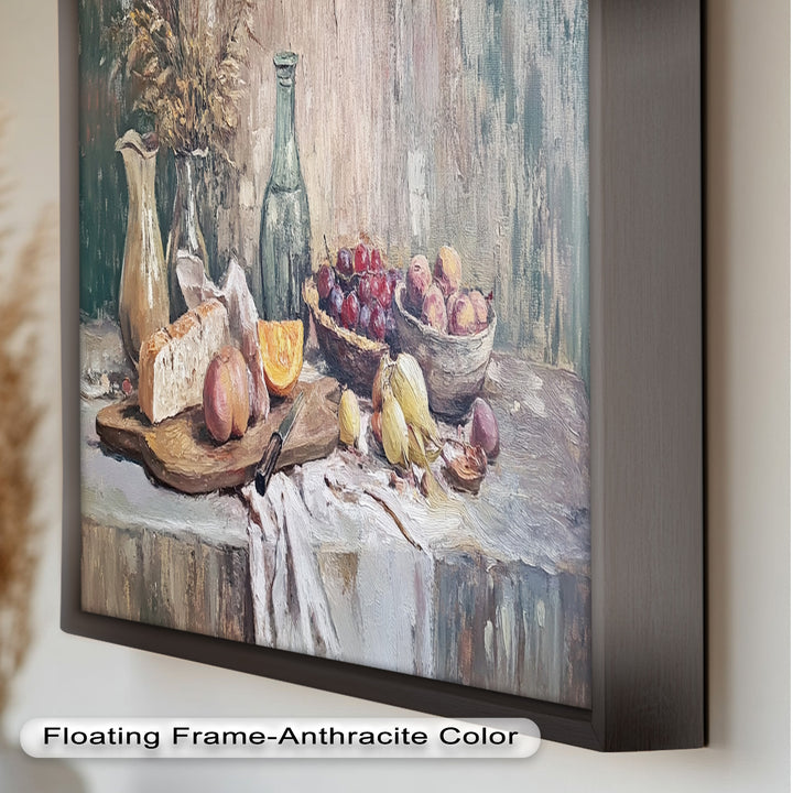 Rustic Fruit & Bread Still Life – Framed Oil Painting