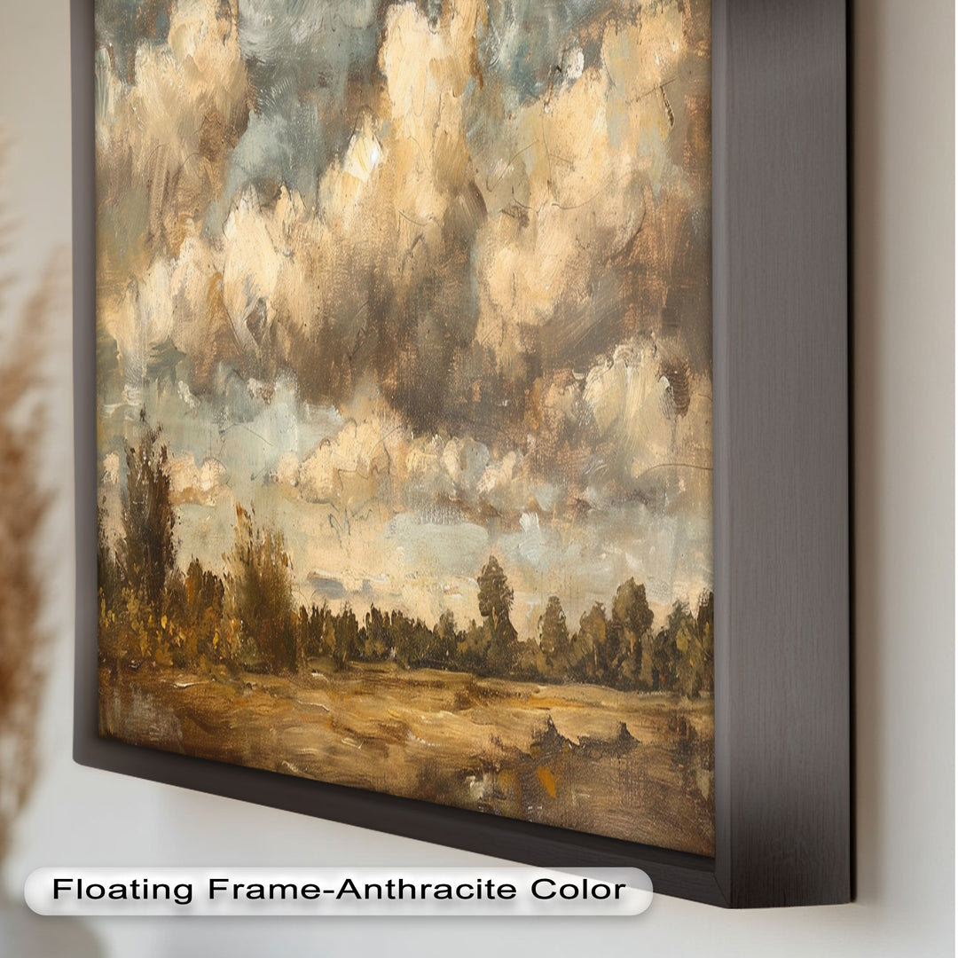 Weite Landschaft mit grauen Wolken – Ruhige Natur Ölgemälde