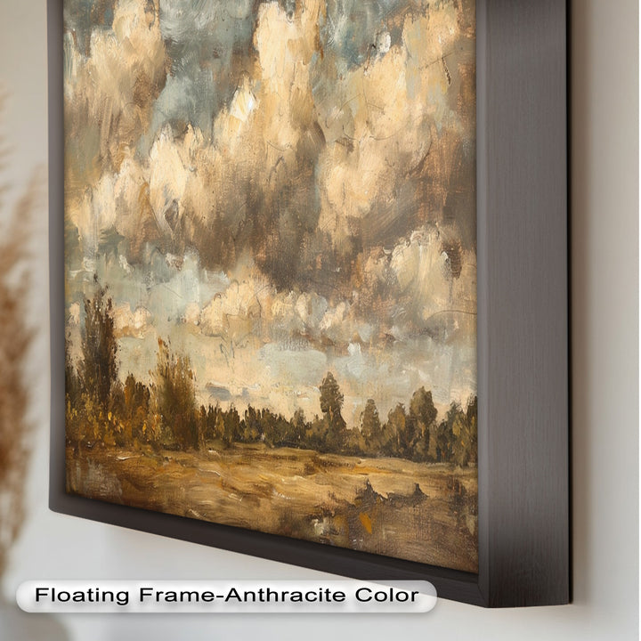 Weite Landschaft mit grauen Wolken – Ruhige Natur Ölgemälde