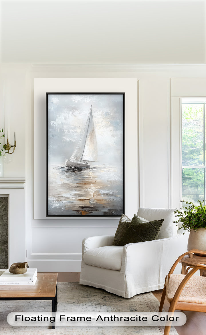 Sailing Through the Mist – White Boat Oil Painting