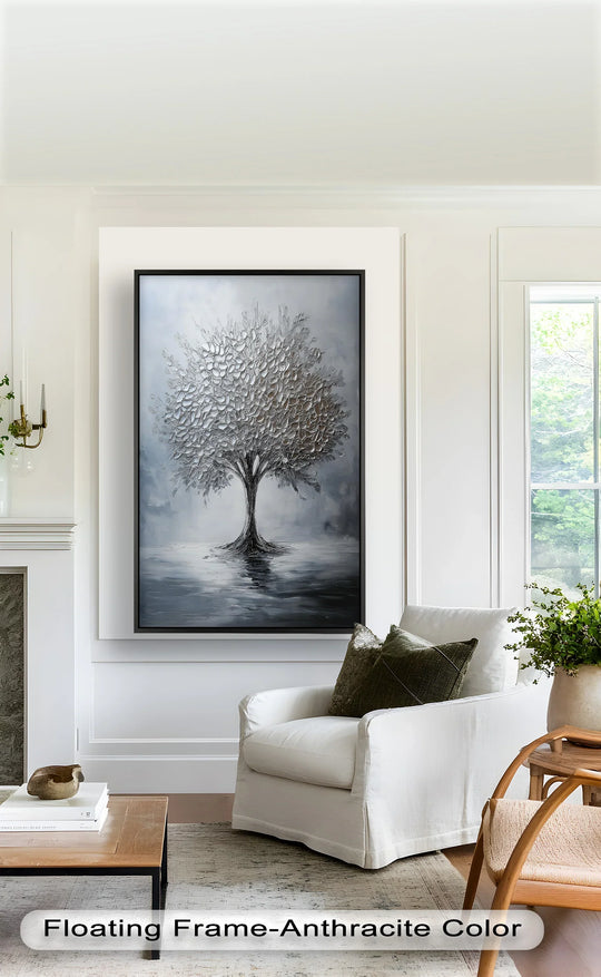 Raised, silver leaves bring a burst of texture and shine to this monochrome abstract oil painting artwork of a tree in a reflective pool.