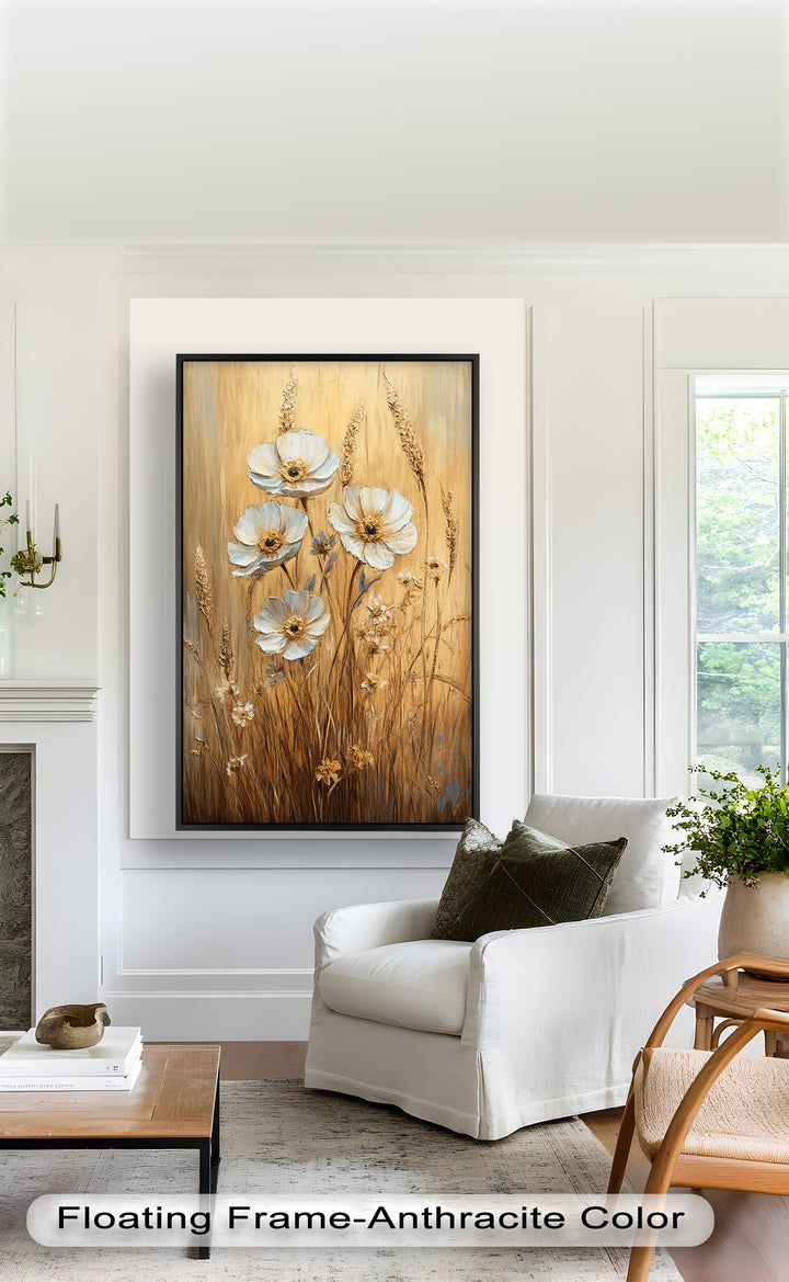 White Wildflowers in Wheat Field - Oil Painting