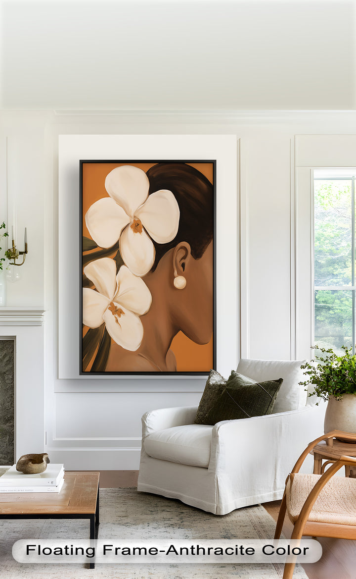 The subtle interplay of light and shadow on the woman's skin and the soft petals of the flowers creates a serene and harmonious composition.


