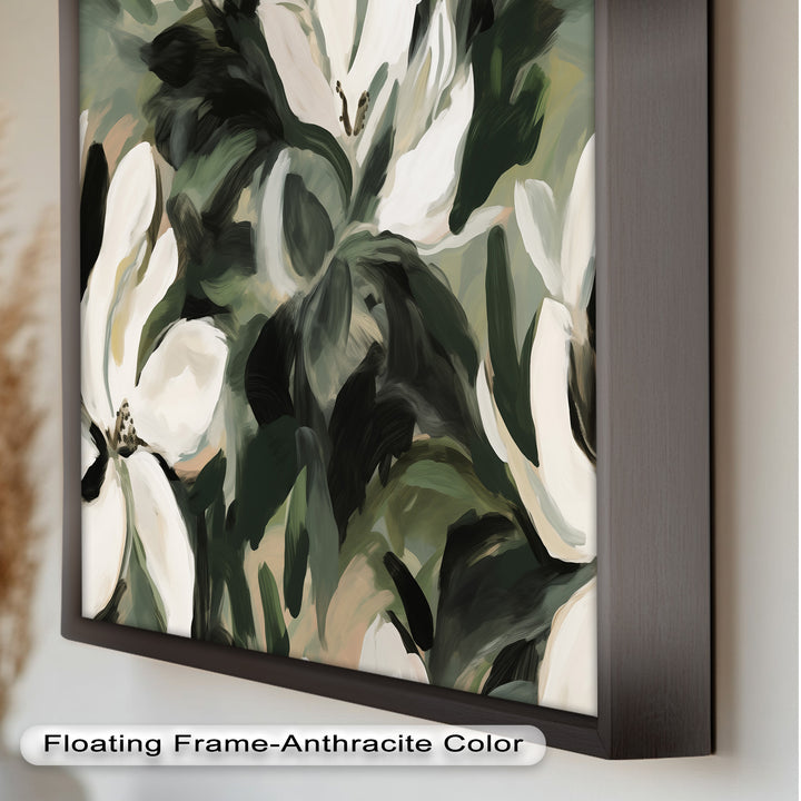 Cream Blooms in Forest Green - Flower Oil Painting