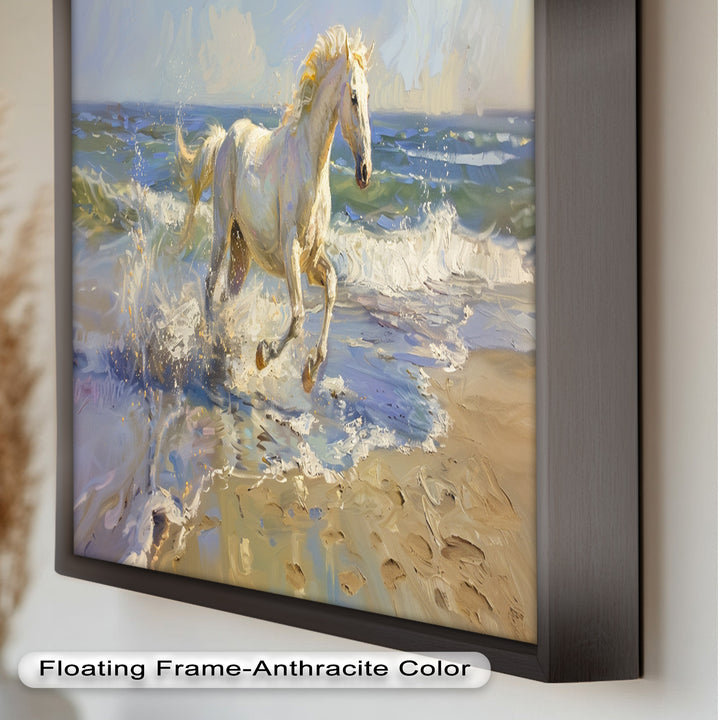 White Horse Galloping on Beach – Dynamic Oil Painting