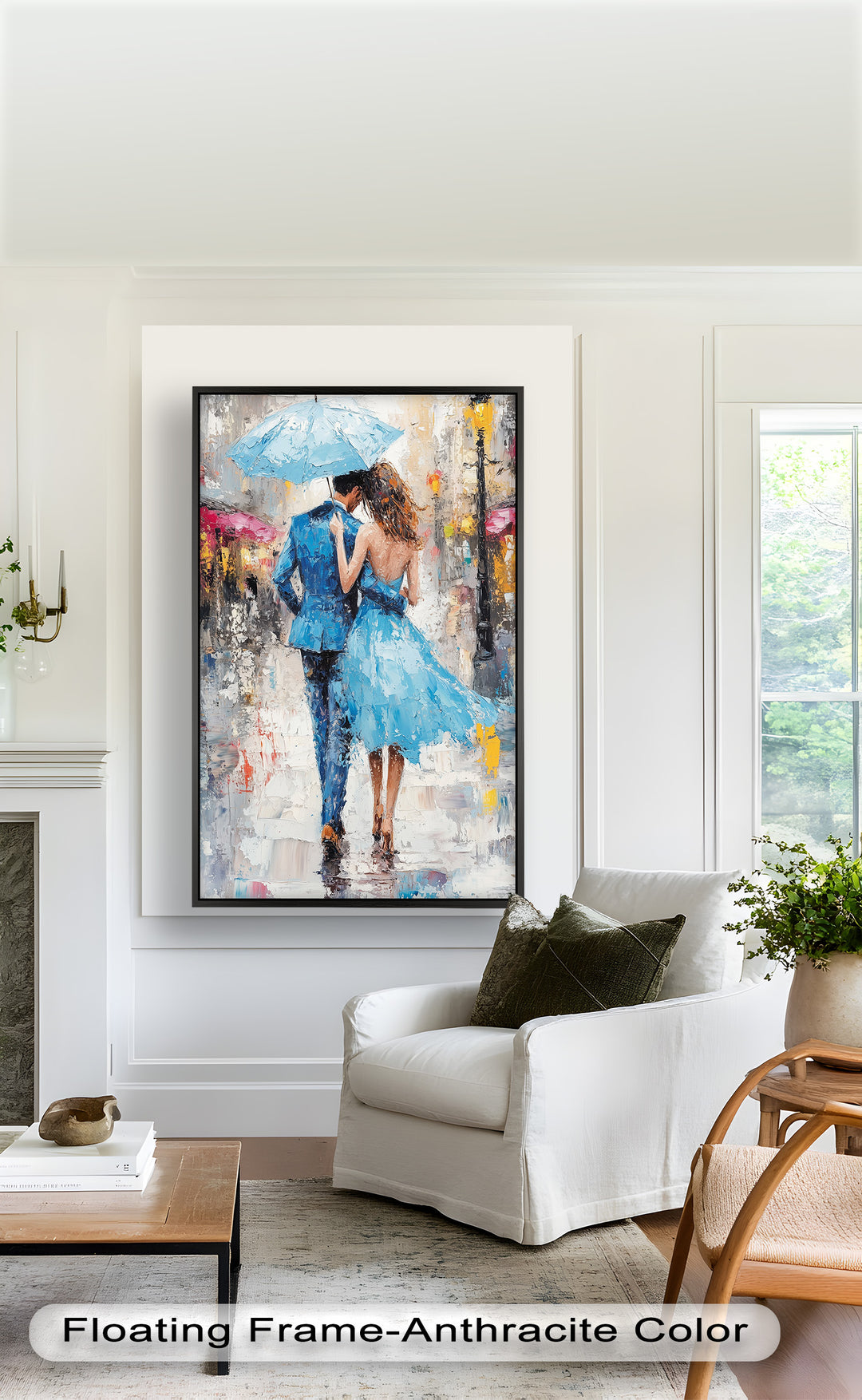 Romantic Couple Strolling in Rain - Love Oil Painting