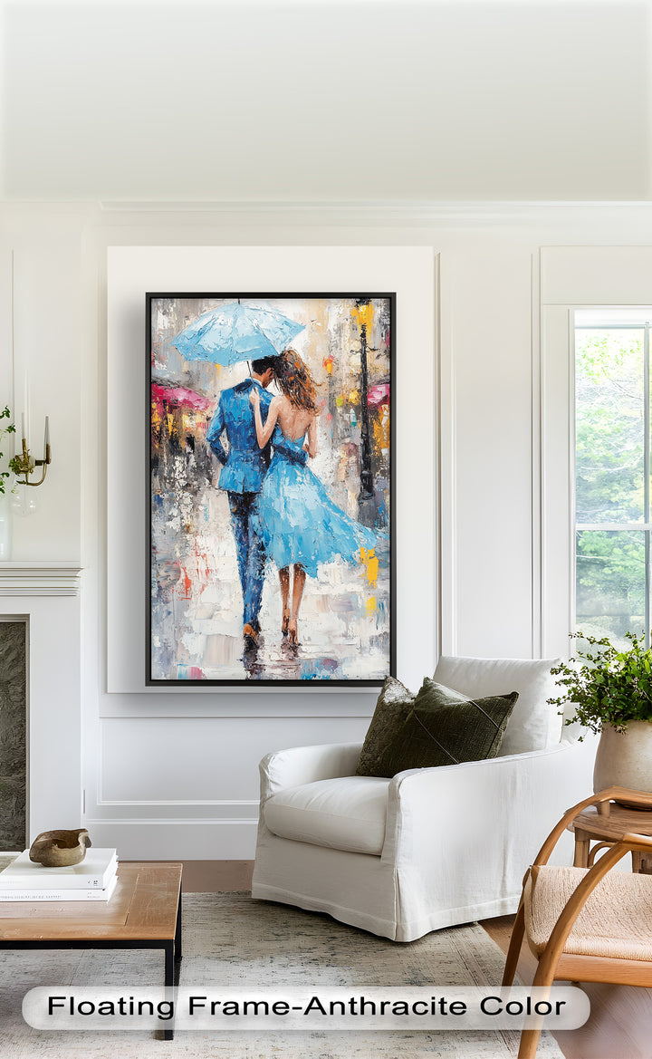 Romantic Couple Strolling in Rain - Love Oil Painting