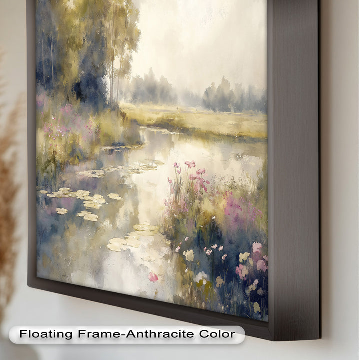 Soft Floral Riverside Wall Art – Romantic Nature Oil Painting