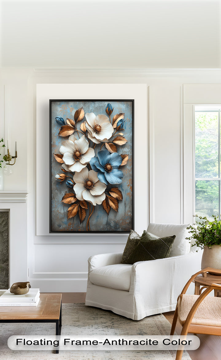 Gilded Petals – Luxuriöses Ölgemälde mit weißen und blauen Blumen