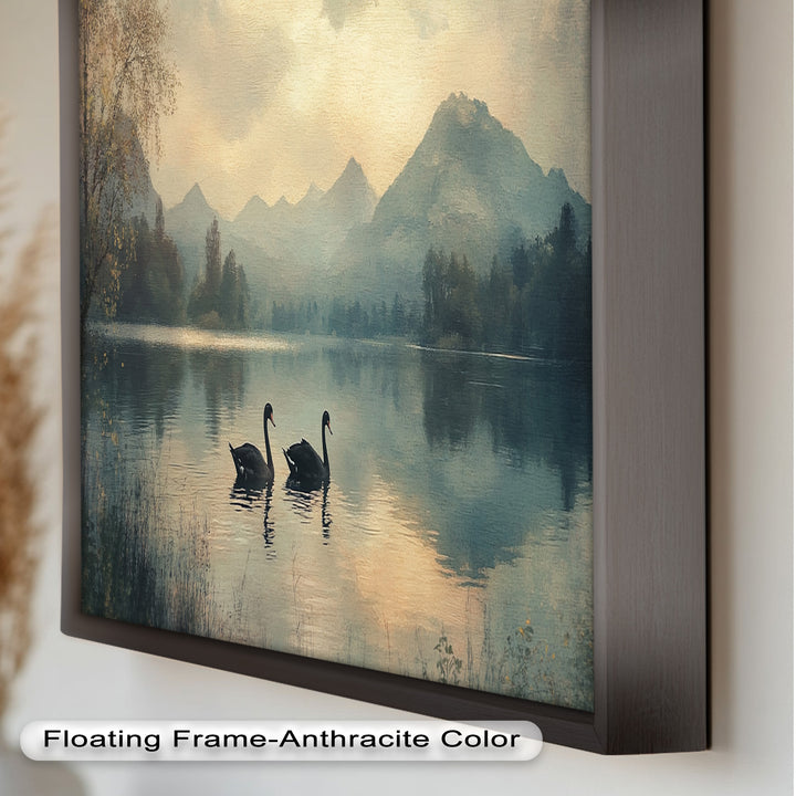 Black Swans on a Mountain Lake – Modern Oil Painting