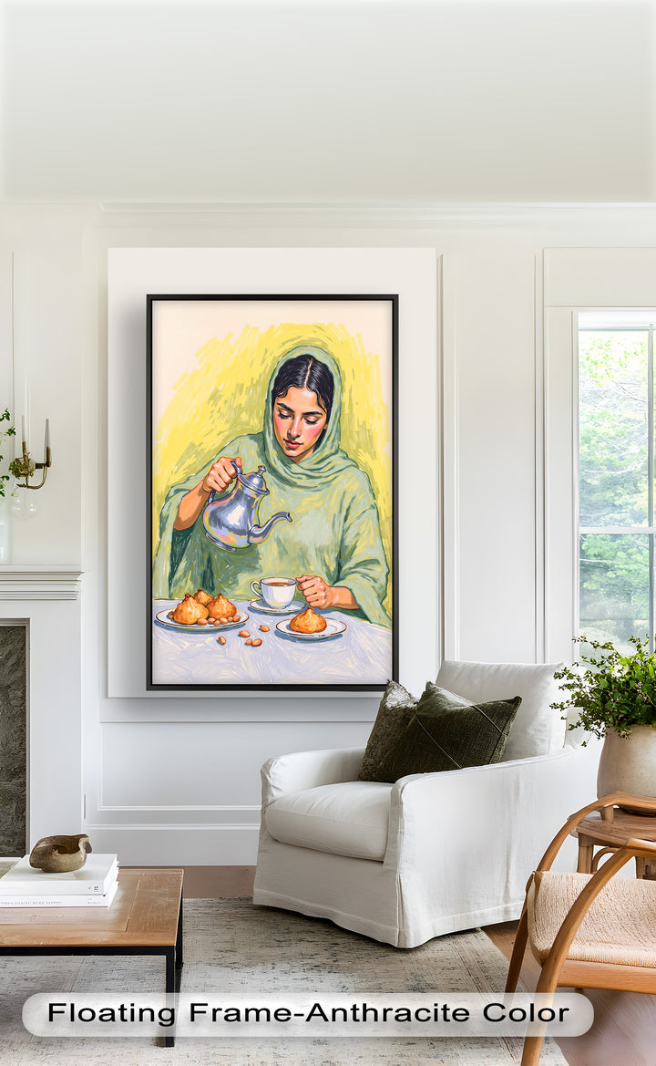 Woman Pouring Tea with Traditional Sweets - Food Painting