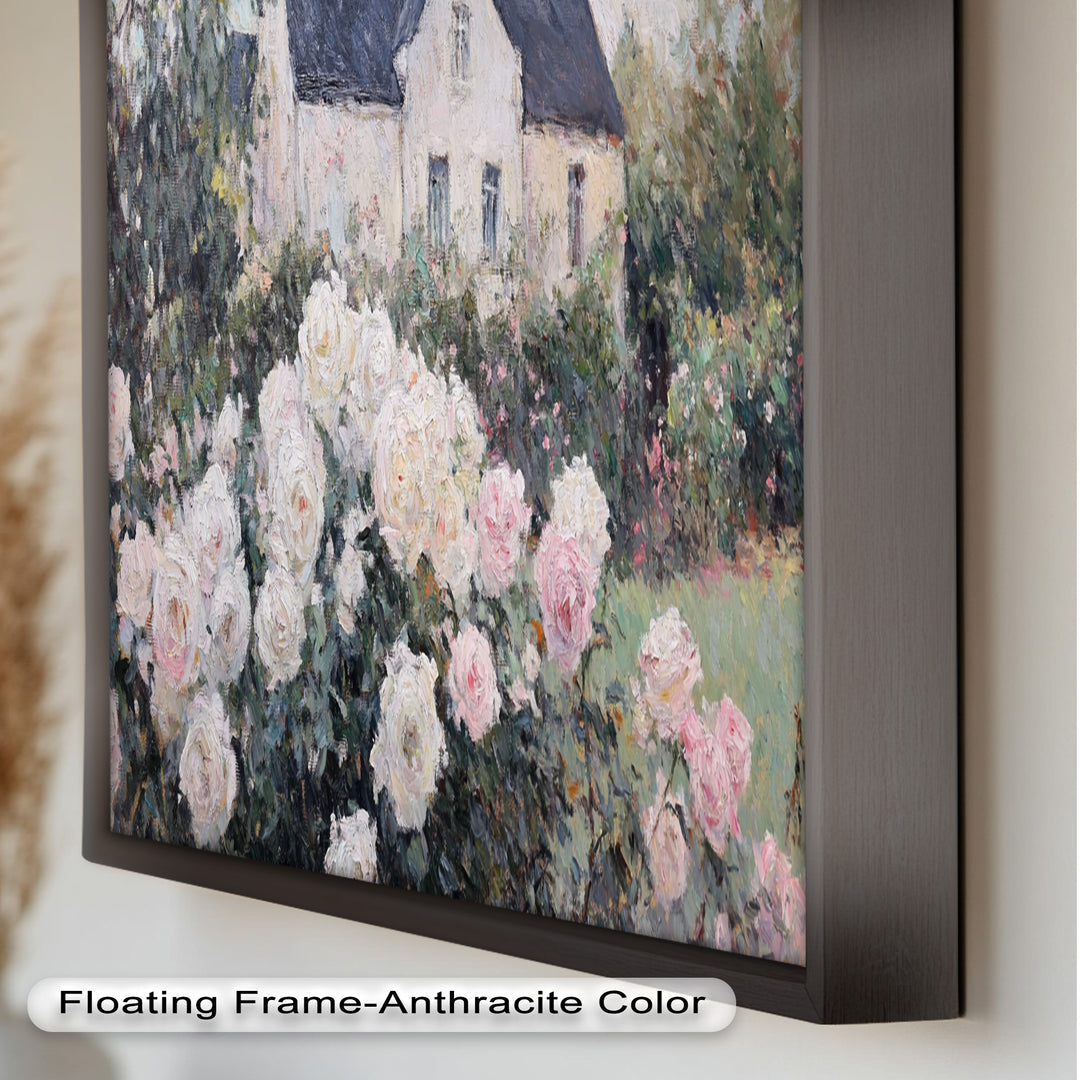 Cottage Garden Roses – Impressionist Floral House Scene Oil Painting
