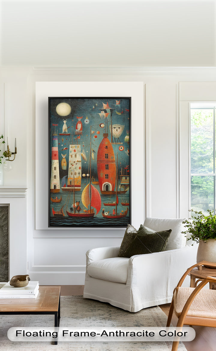 Moonlit Harbor Parade – Surreal Cat and Owl Fantasy Oil Painting