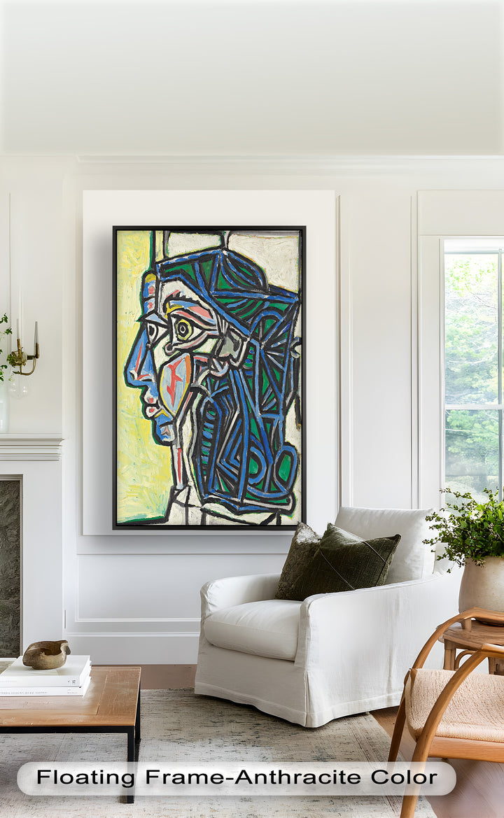 Angular Gaze – Geometric Portrait with Blue and Green Lines Picasso Oil Painting