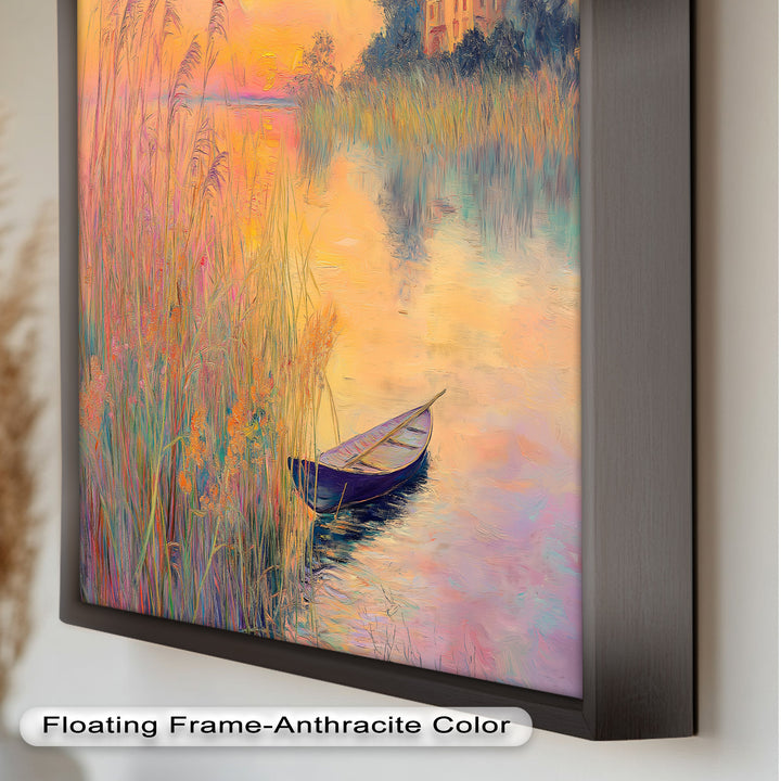 Golden Reeds and Sunset Rowboat – Impressionist Oil Painting