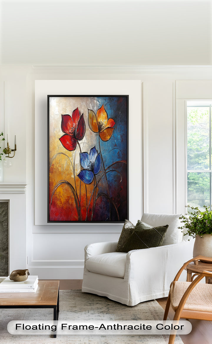 Eternal Bloom – Red, Yellow, and Blue Floral Oil Painting