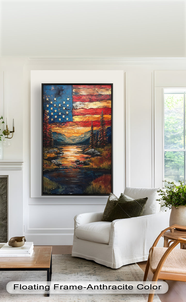 Amerikanische Flagge Sonnenuntergang Landschaft - Patriotisches Ölgemälde