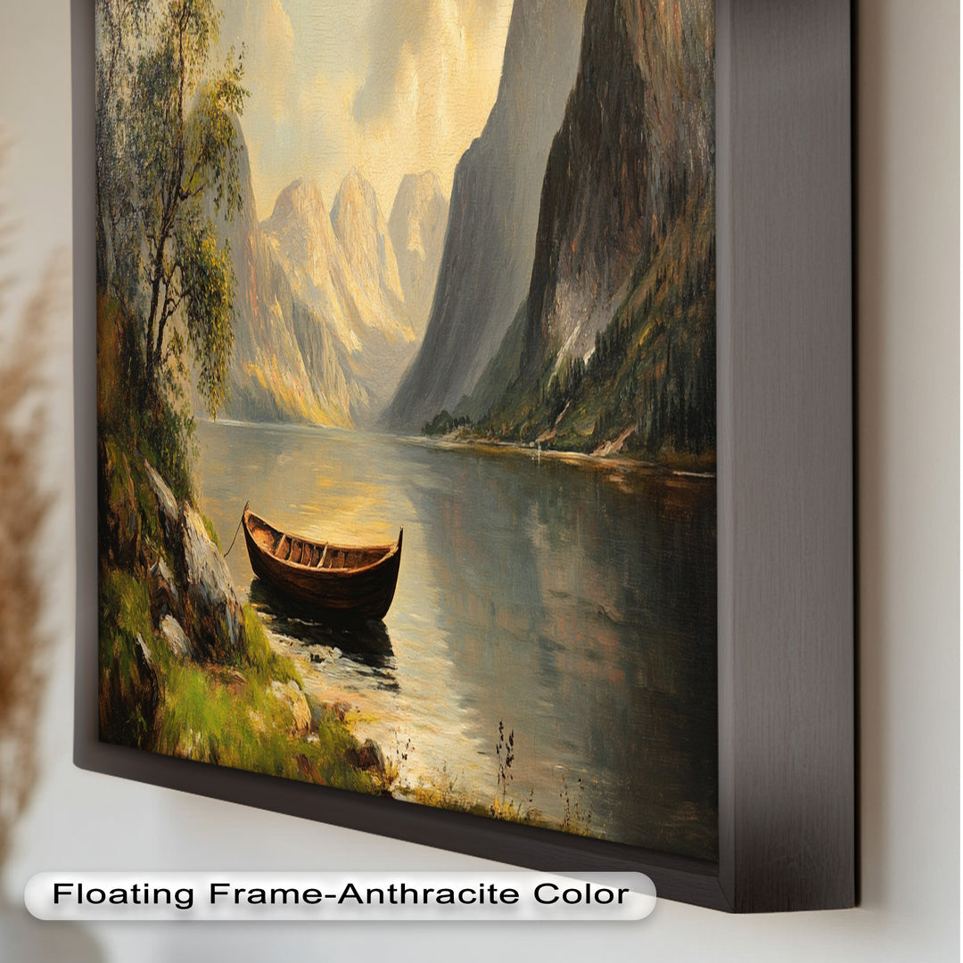 Ruhige Passage – Bergsee mit Holzboot Ölgemälde