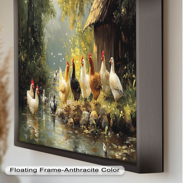Country Farmyard Chickens by the Stream – Animal Oil Painting