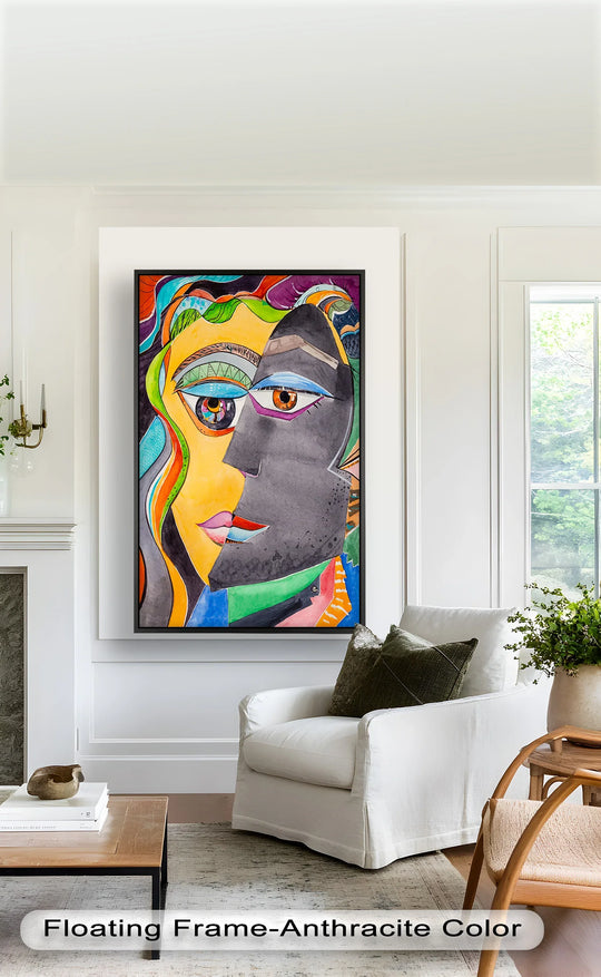 Subtle gradations of color define the abstract faces in this expressive dual visions Picasso-inspired oil painting home decor piece, creating softness amidst its cubist structure.