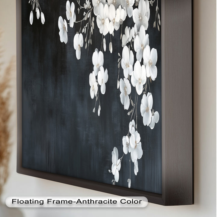 White Cherry Flowers on Midnight Blue - Flower Oil Painting