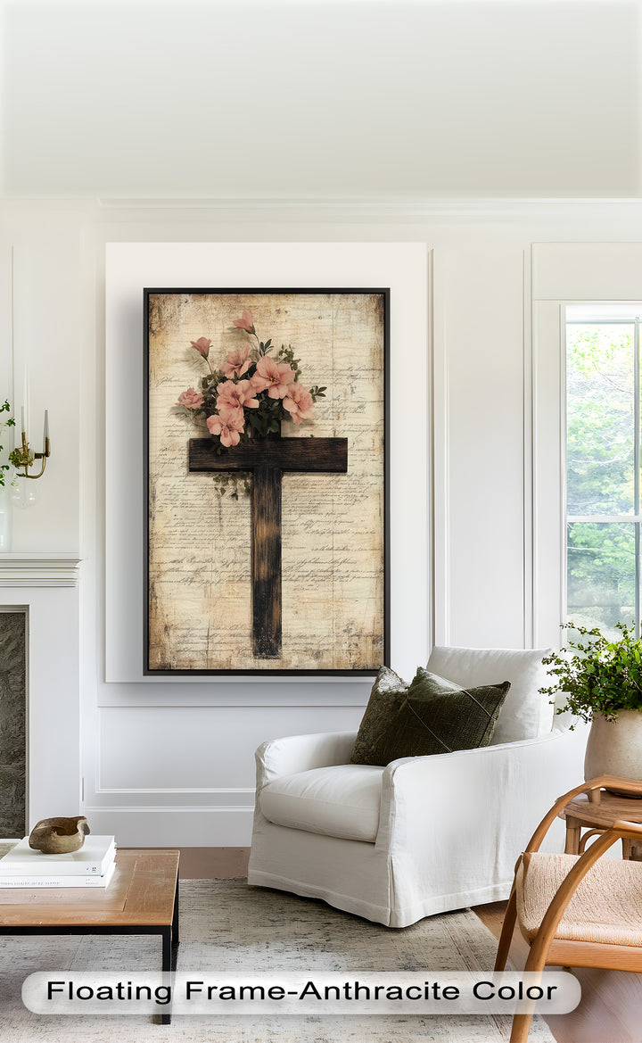 Holzkreuz mit rosa Blüten - Christliches Ölgemälde