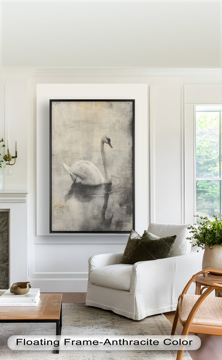 Silent Grace – Monochrome Swan on Still Water Oil Painting