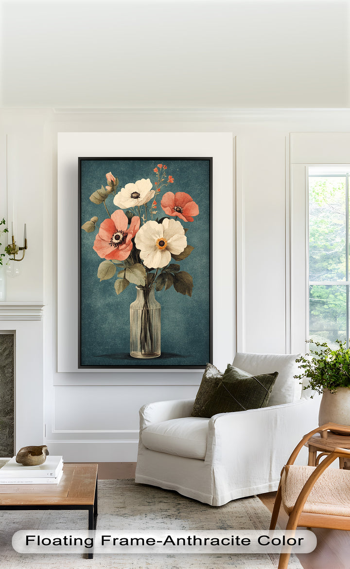 Vintage Mohnblumen in Glasvase – Romantisches Blumenölgemälde