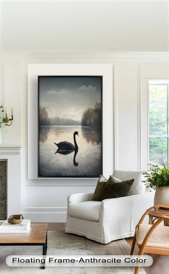 Cool color temperature enhances the tranquil lake scene and black swan in this stunning oil painting artwork, evoking a serene and reflective atmosphere.