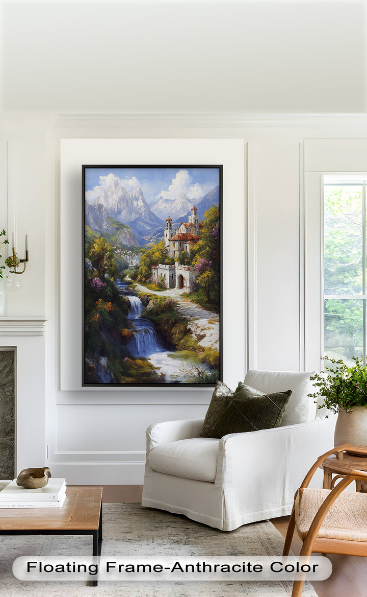 Mountain Abbey by the Falls – Serene Renaissance Oil Painting