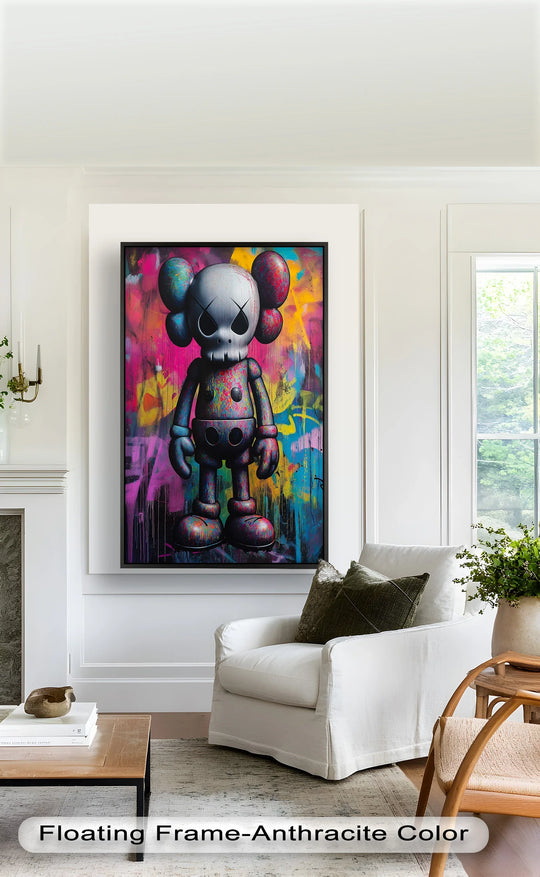 Showcasing depth and layers, this modern oil painting art presents a vibrant Neon Skull Companion, rich with multicolored paint splatters that bring the pop art character to life.