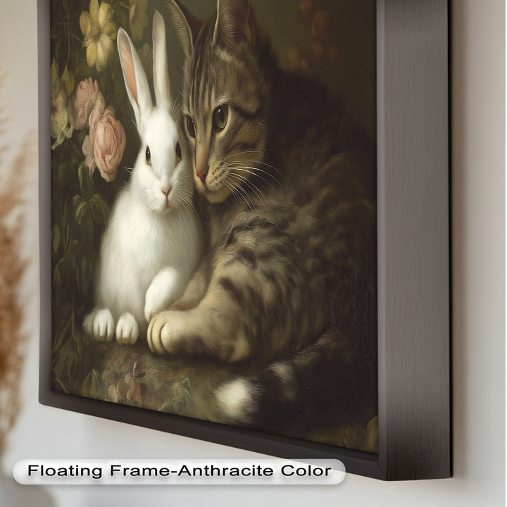 Cat and Rabbit in Floral Harmony - Animal Oil Painting