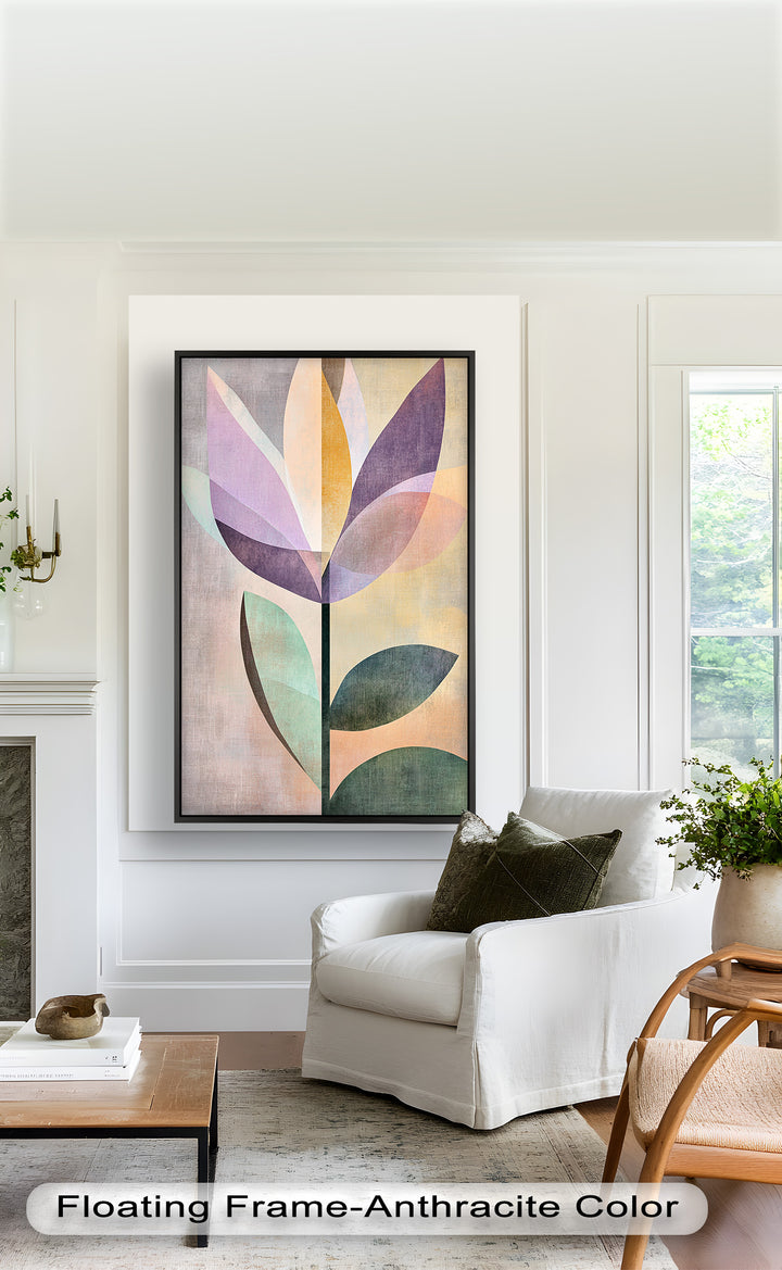 Purple Bloom – Minimalistisches geometrisches Blumenölgemälde
