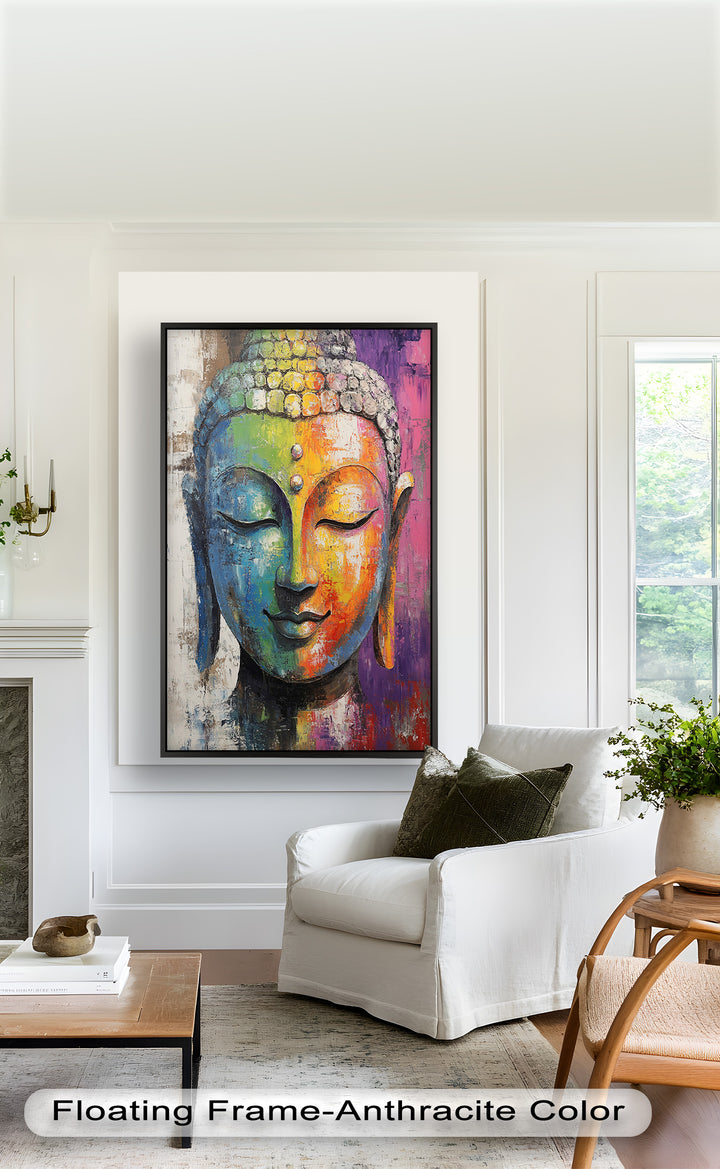 A striking and spiritual depiction of Buddha’s serene face, rendered in a contemporary palette of radiant, textured colors.