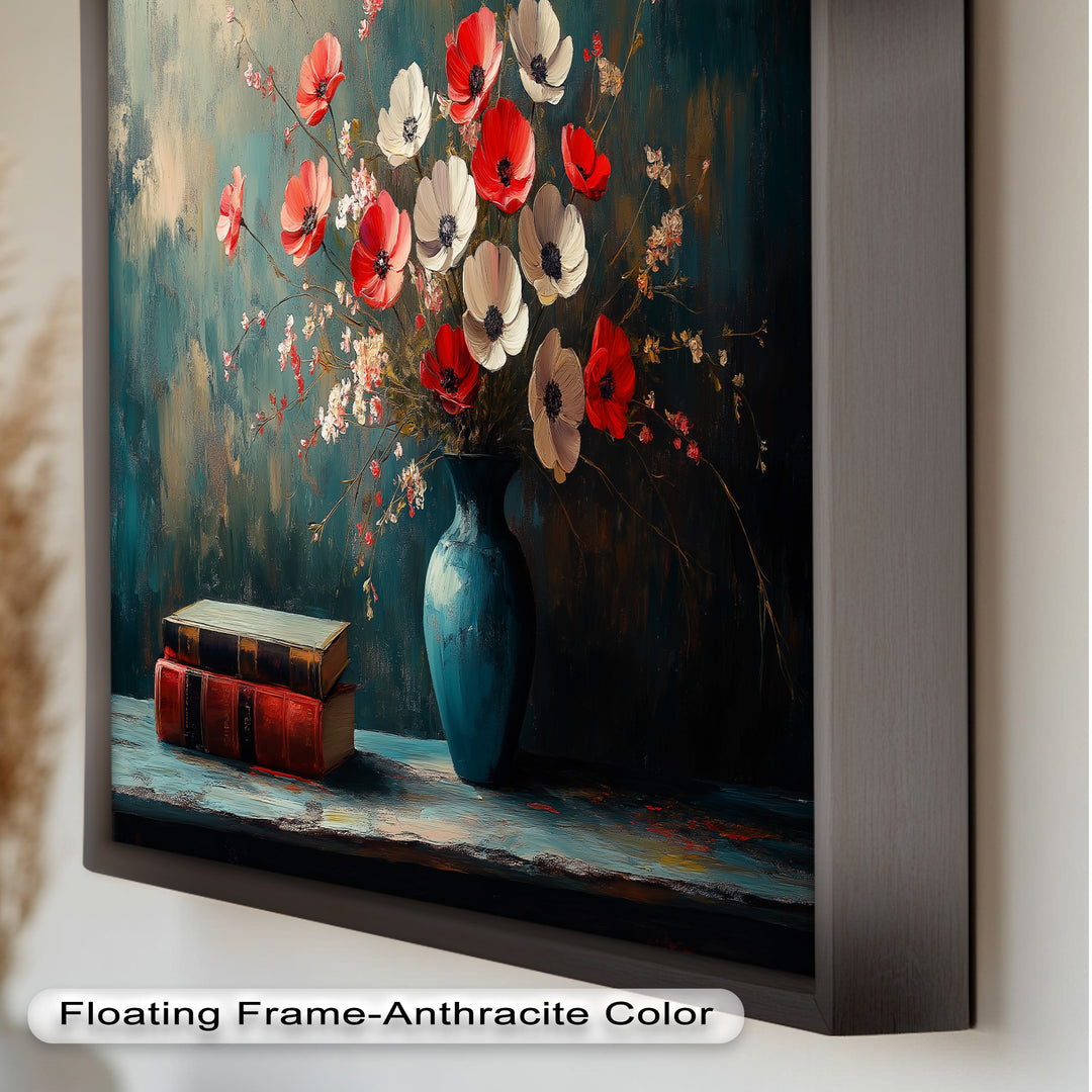Vibrant Floral Vase with Books – Botanical Oil Paintings