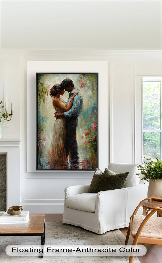 Visible brushstrokes and textural variations define the surface texture of this 'Romantic Couple Surrounded by Blooms' oil painting decoration, enhancing the artwork's depth and romantic feel.