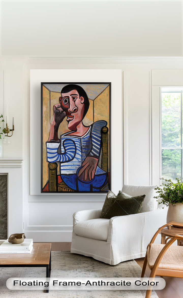 Melancholy in Stripes – Seated Man with Blue Shirt Picasso Oil Painting