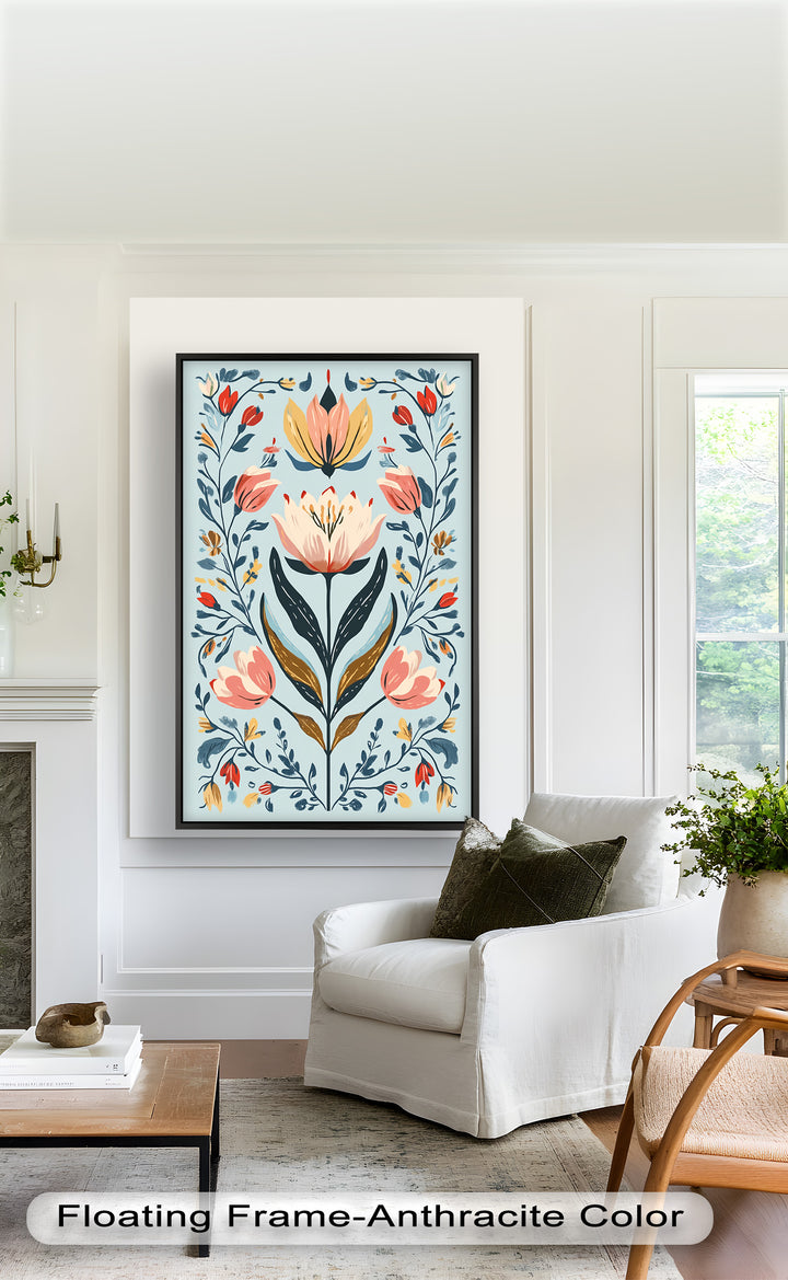 Folk-inspirierte Tulpenharmonie – Boho-Blumenölgemälde