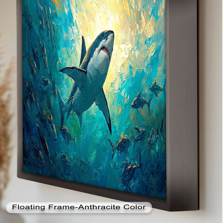 Great White Shark in Sunlit Ocean Depths – Animal Oil Painting