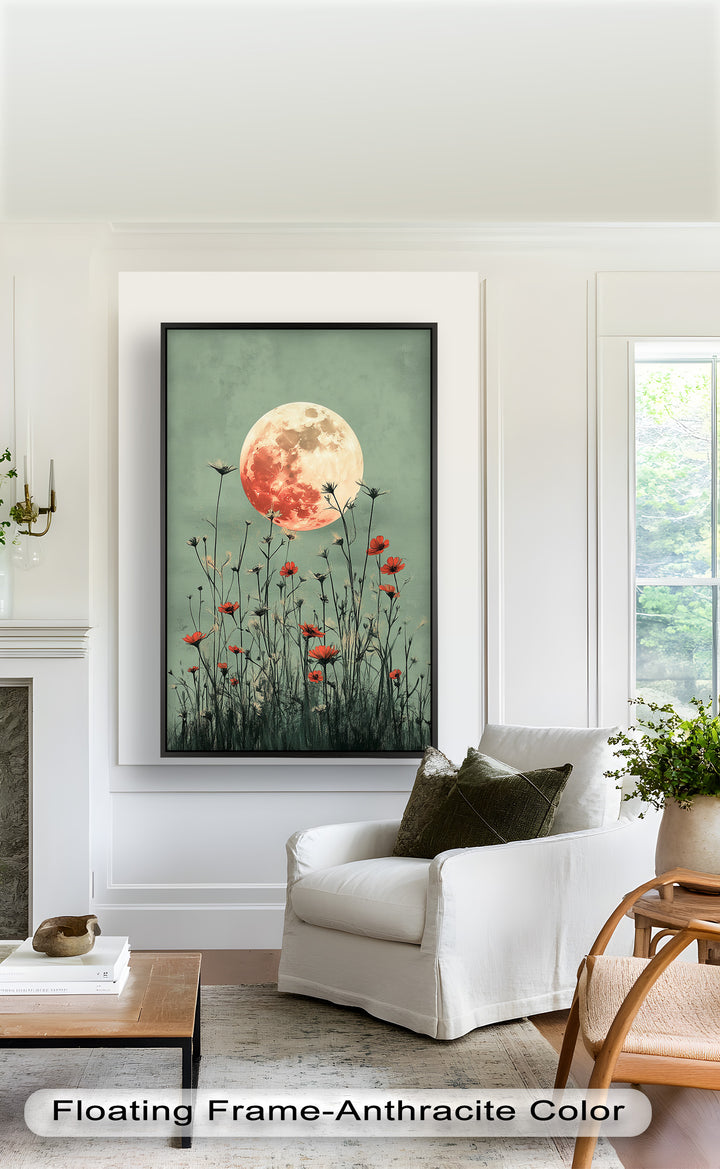 Celestial Wildflowers – Full Moon Over Red Meadow Blooms Oil Painting