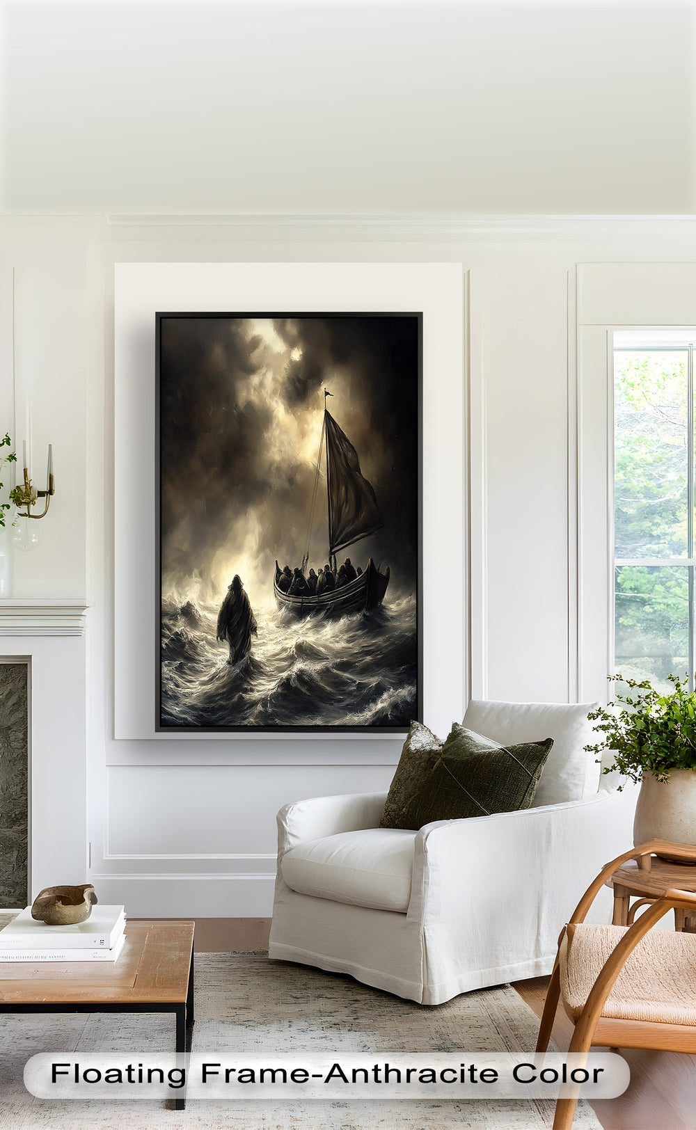 A powerful biblical moment where Jesus approaches the boat on turbulent waters, with his disciples in awe and fear.