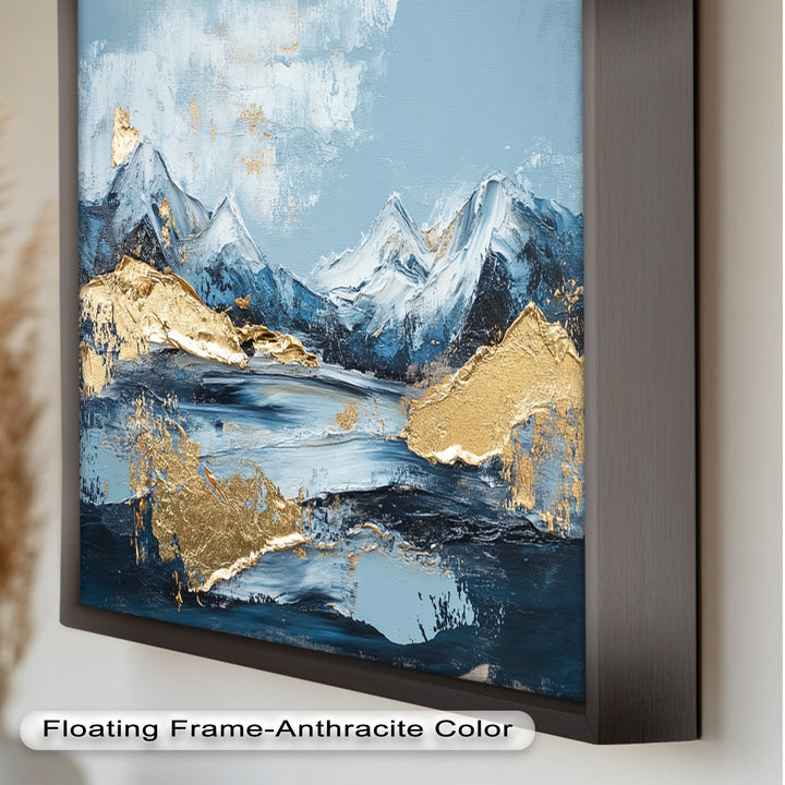 Arctic Peaks – Abstraktes Ölgemälde mit Bergmotiven in Blau und Gold