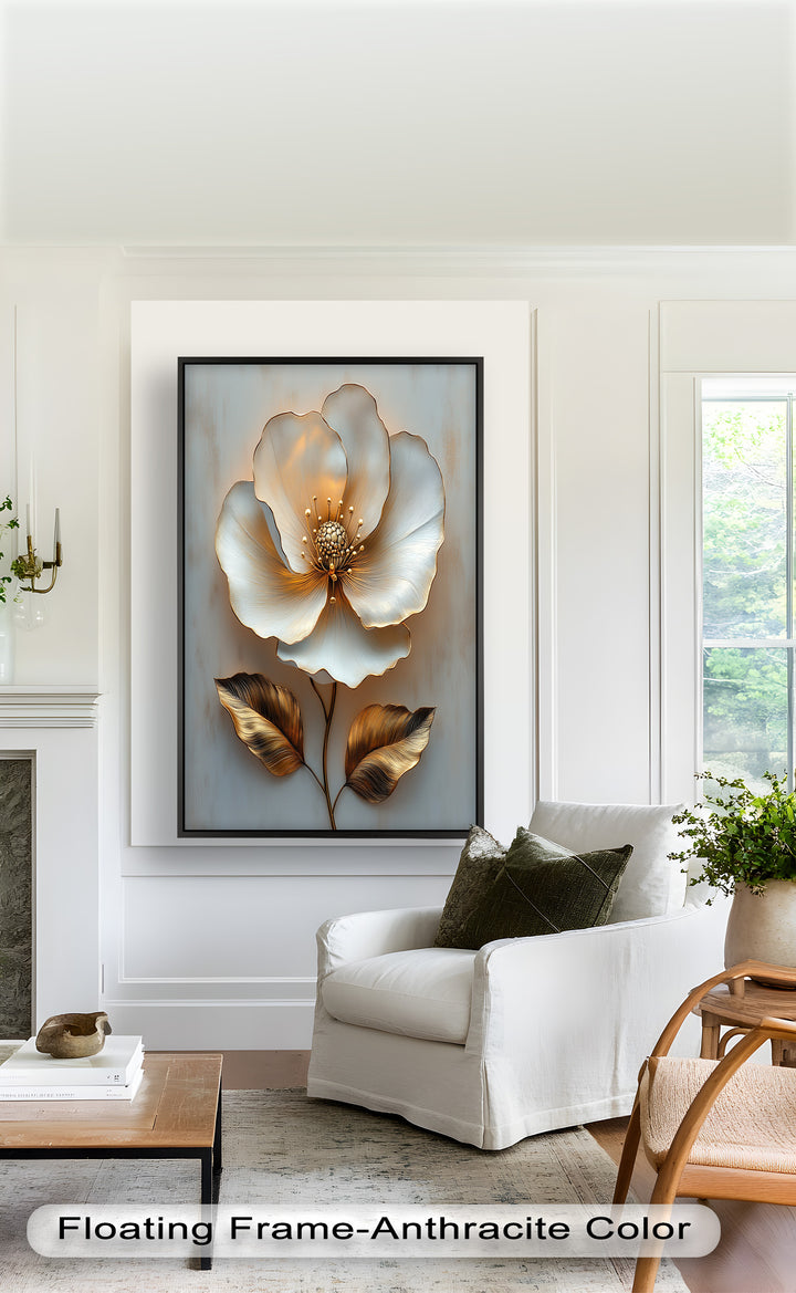 Golden Glow Bloom – White and Gold Flower Oil Painting