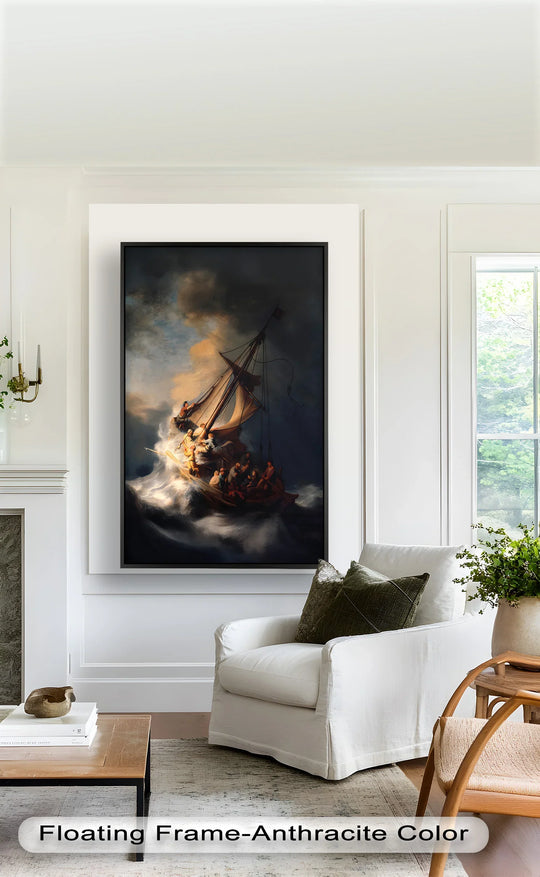 Noticeable surface texture and thick brushstrokes define the dramatic oil painting artwork depicting a ship amidst a tumultuous sea, creating a sense of movement.