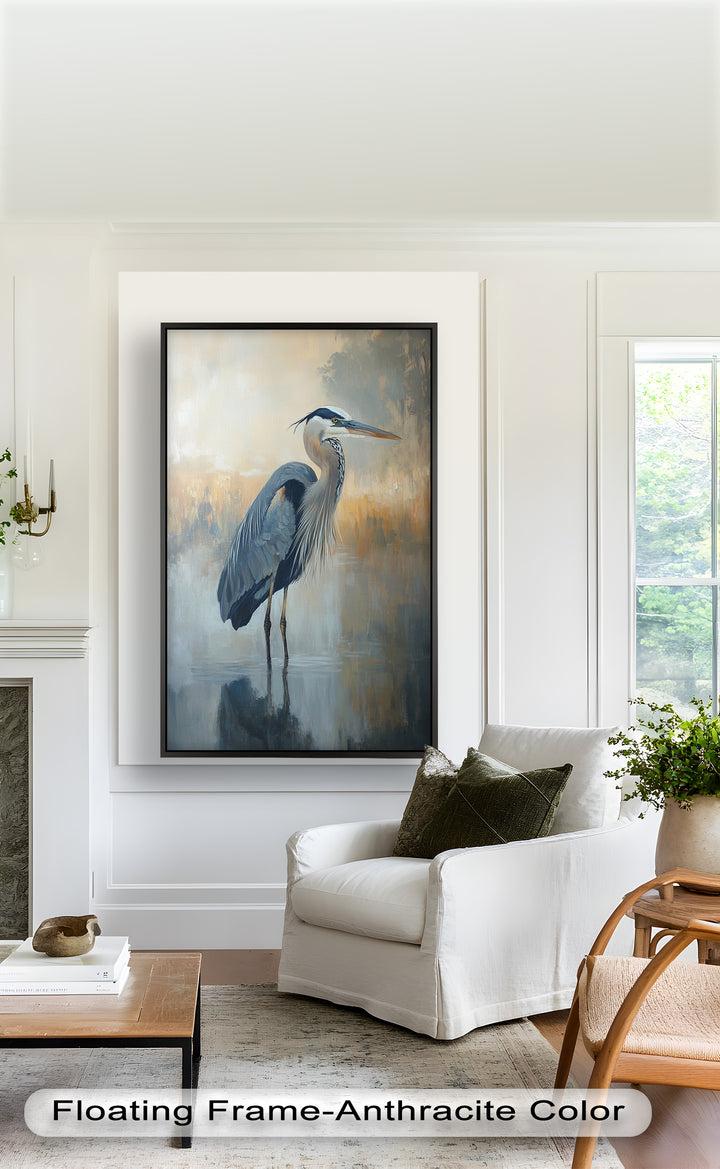 Heron in Misty Marshland - Framed Oil Painting