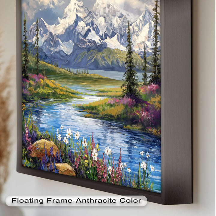 Vintage Mountains & River – Framed Oil Painting