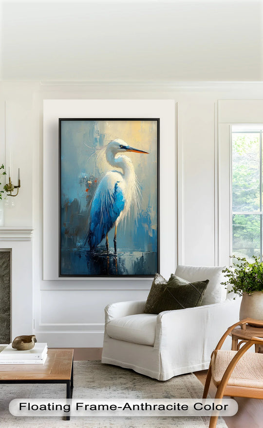 Organic brushstrokes depict a blue heron in this framed oil painting art piece, its feathery form emerging from an abstract, watercolor-like background.