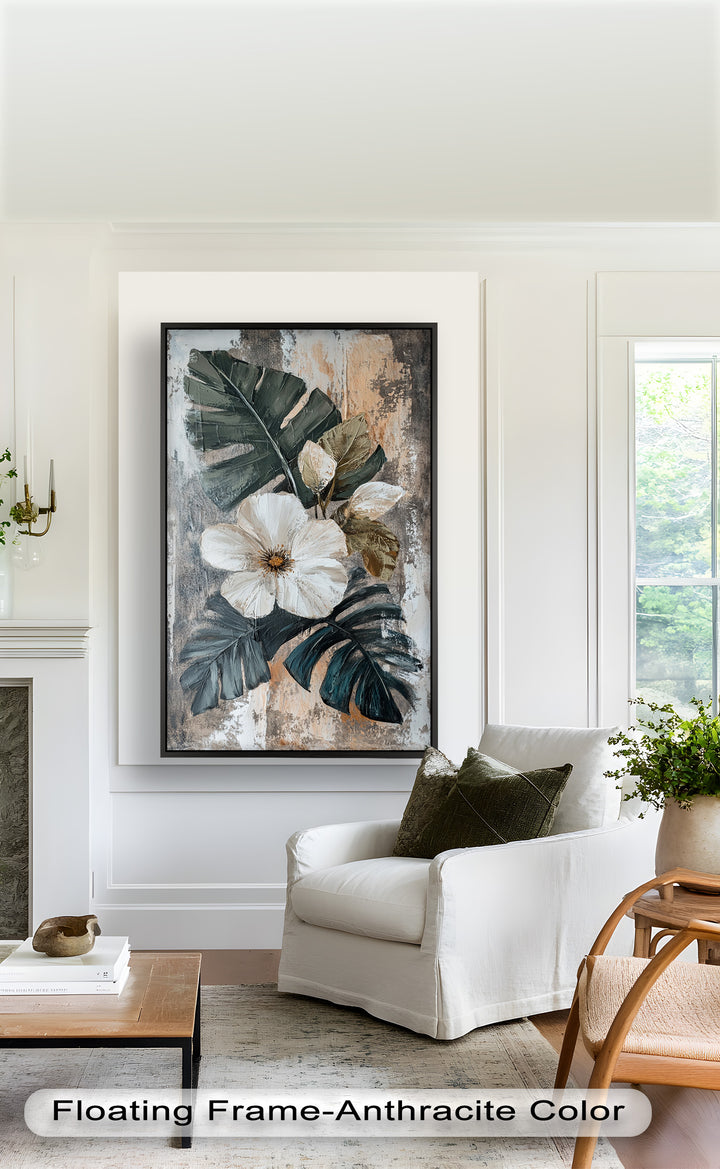 White Bloom and Tropical Leaves - Flower Oil Painting