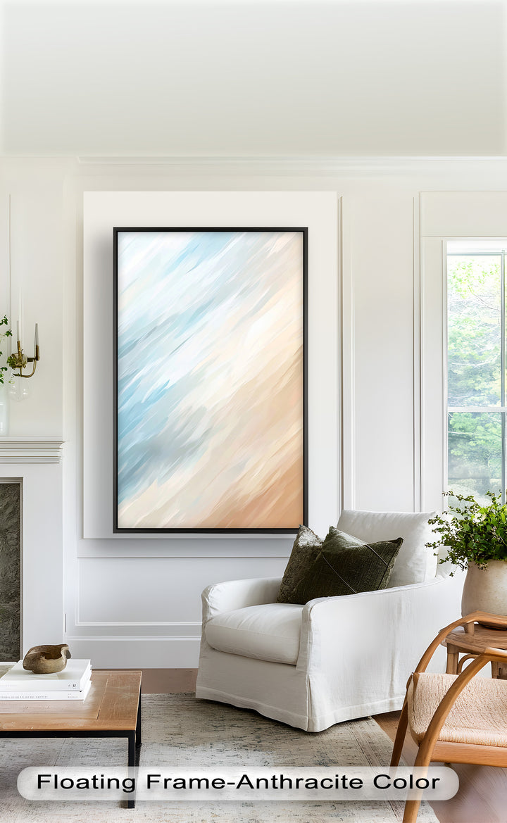 Seaside Drift – Abstraktes Ölgemälde in sanftem Blau und Sand