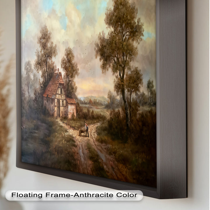 Rustikale Cottage Lane in der Abenddämmerung – Vintage-Ölgemälde